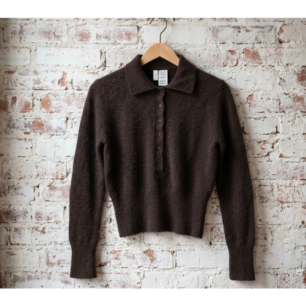 Twiggy Fuzzy Polo Sweater Angora Lambswool M EUC Brown Y2K vintage quiet luxury